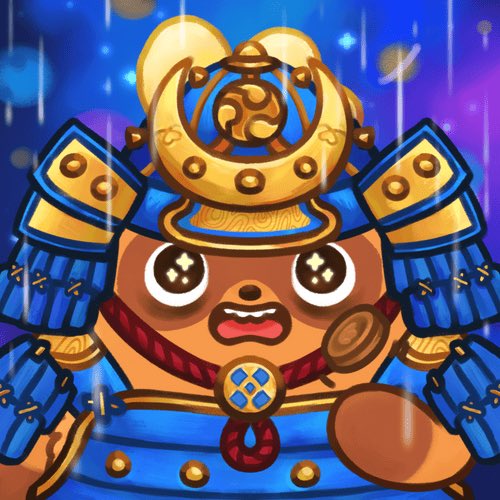 A chibi-style bear character dressed in ornate blue and gold samurai armor with a crescent-topped helmet stands against a rainy, starry backdrop, perfectly matching the creator's post showcasing their "Moki Ronin" outfit collection from the Ronin Network.