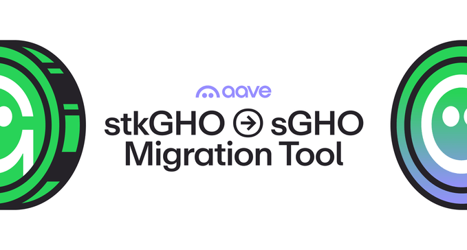 The image is a promotional graphic for the Aave "stkGHO → sGHO Migration Tool," featuring the Aave logo between stylized green coin/token graphics, announcing a migration path from staked GHO to Savings GHO. It directly supports the post's reminder to migrate stkGHO holdings to Savings GHO in order to earn the new 4.25% Aave Savings Rate.