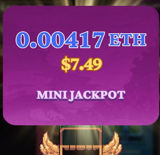 A gaming jackpot screen displaying "0.00417 ETH" worth "$7.49" labeled as a "MINI JACKPOT" with a treasure chest graphic.
