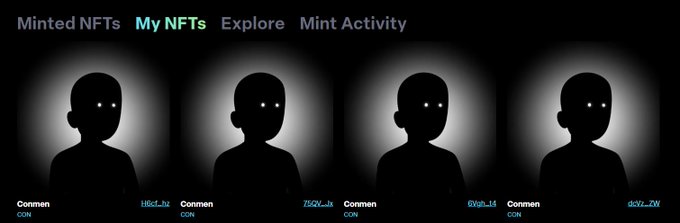 A dark NFT collection page displays four identical silhouetted figures with glowing eyes under the tabs "Minted NFTs", "My NFTs", "Explore", and "Mint Activity", each labeled "Common CON" with wallet addresses below.