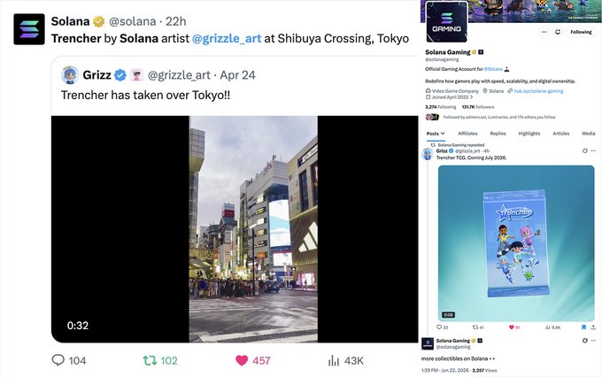 The image shows a screen displaying two posts from Twitter. One post is a screenshot with a drawing depicting a city skyline surrounded by buildings, while the other post is directly related to the previous one. The caption of the second post mentions an artist named Grizze as being featured on the Twitter timeline and behind-the-scenes information about his work.