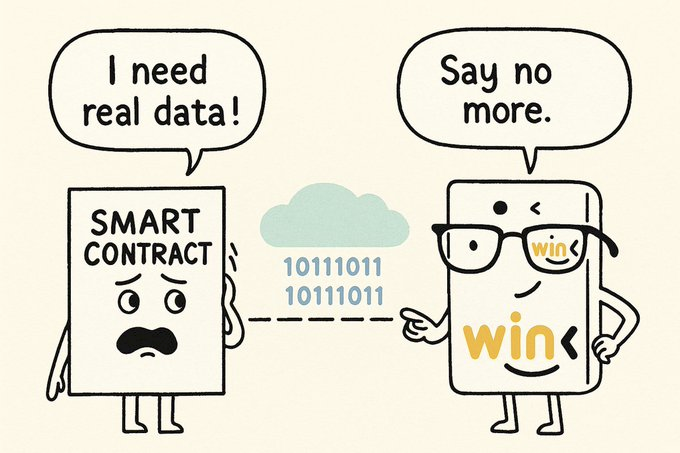 The image features two cartoon characters - a sad-looking book character with glasses and a smiling character wearing a hat. The sad-looking book character has a cloud above its head, while the smiling character has a cloud below its head. The text in the image reads "I need real data! Smart Contract!" and "WINkLink acquires information from". This suggests that the characters are discussing the importance of accurate and reliable data for various aspects of the cryptocurrency world, such as lending protocols or DEX trading systems.