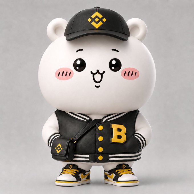 The image features a white, cartoon-like bear wearing a black baseball cap with a yellow diamond design, a black jacket, and matching shoes. The bear also has a backpack and a purse attached to its back. The bear appears to be posing for the photo against a gray background. The post includes text that reads "强烈建议币安和 chiikawa 联名 丝款我先买 100 套送粉丝".