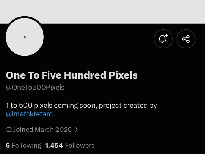 A Twitter/X profile for "One To Five Hundred Pixels" (@OneTo500Pixels) with the description "1 to 500 pixels coming soon, project created by @imafckretard," joined March 2026, showing 6 Following and 1,454 Followers.