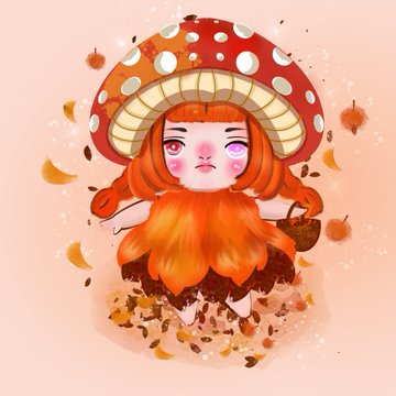 A cute cartoon-style digital illustration of a character with long orange hair wearing an oversized red and white spotted mushroom cap, set against a peach background.