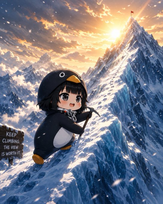 Anime-style illustration of a cute girl in a penguin costume climbing a snowy mountain with an ice pick, with a sign reading 'KEEP CLIMBING, THE VIEW IS WORTH IT.'