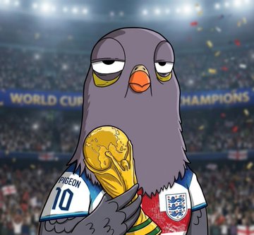 A cartoon pigeon wearing a soccer jersey with "PIGEON 10" on the back proudly holds the World Cup trophy, set against a stadium backdrop reading "WORLD CUP CHAMPIONS" with the English flag and Three Lions crest visible. The image ties into the post by announcing an Algorand-based auction of World Cup-themed pigeon NFTs.