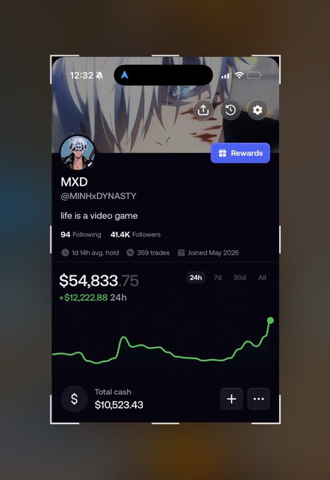 A screenshot of a trading profile showing the username MXD (@MINHxDYNASTY) with a portfolio value of $54,833.75, which is up $12,222.88 in 24 hours, illustrating the trader's stated goal of growing their initial $1,000 investment toward $1,000,000 as mentioned in the caption.