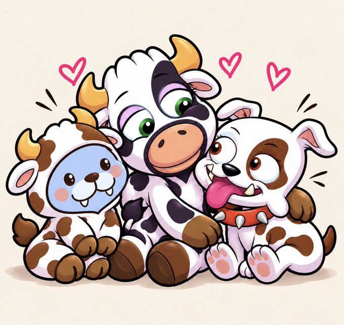 A cute cartoon illustration of three cuddling baby animals—a cow, a dog with its tongue out, and a monkey in a cow-print hood—surrounded by pink hearts.