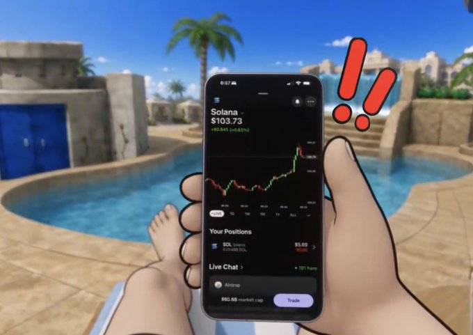 A cartoon hand holds a smartphone displaying a Solana trading app with a price of $103.73 and a rising chart, set against a poolside background with red exclamation marks.
