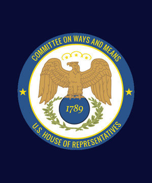 The image shows the official seal of the U.S. House of Representatives Committee on Ways and Means, featuring a bald eagle, the year "1789," and the committee's name encircled in gold and blue. The seal visually reinforces the post, as the committee is the body that has scheduled a Sept. 16 markup to advance new crypto tax rules, including deferring miner tax liabilities until BTC sale and extending wash-sale restrictions to digital assets.