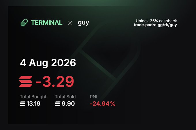 A trading performance summary from Terminal × guy showing a -3.29 SOL loss on 4 Aug 2026, with total bought 13.19, total sold 9.90, and a PNL of -24.94%, reflecting the poster's struggle with early trades in an unfavorable market.