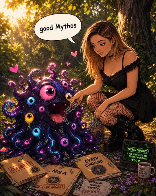 urn of flowers, "cyber command" box, and "NSA" sign are present on a forest floor, accompanied by a girl with long hair and a black dress.
