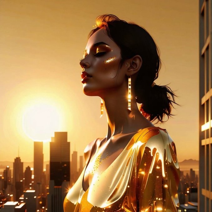 A stylized portrait of a woman in golden attire with glowing makeup, set against a city skyline at sunset.