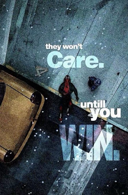 An aerial view shows a person standing on a street next to a yellow car with overlaid text reading 'they won't Care. until you WIN.'