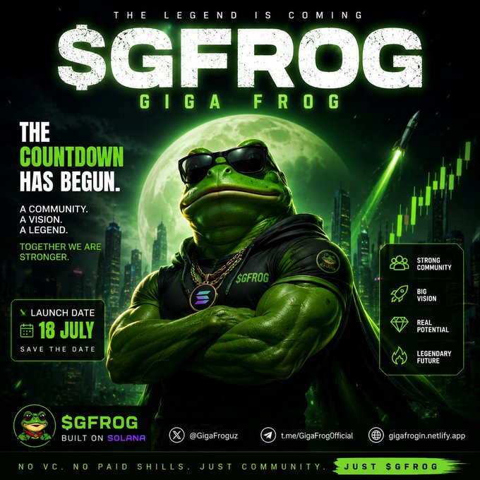A promotional graphic for 'SGFROG' (GIGA FROG) features a muscular green frog character wearing sunglasses against a moon backdrop, advertising a launch date of 18 July and noting it is 'BUILT ON SOLANA'.