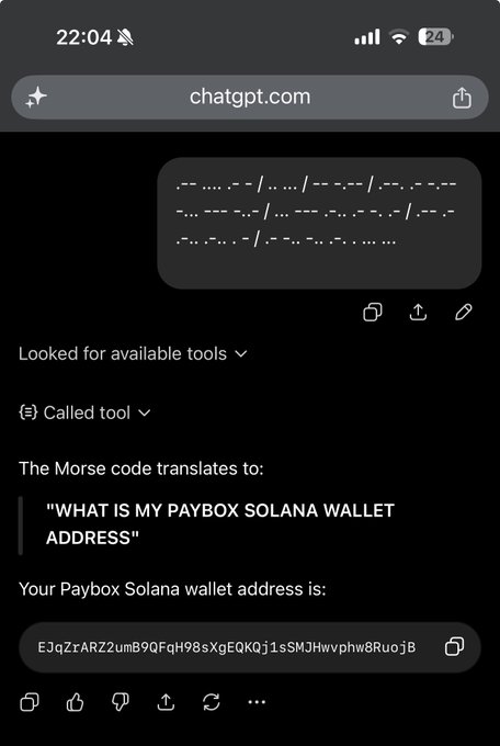 A mobile screenshot of chatgpt.com displaying Morse code that translates to "WHAT IS MY PAYBOX SOLANA WALLET ADDRESS" along with a wallet address.