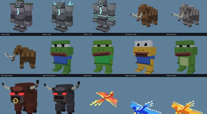 https://sciendo.com/pdf/10.2478/s15163-014-0022-3
Image 5: A promotional graphic displaying various 3D blocky Minecraft-style character skins such as 'Golem heavy', 'Mammoth', 'Pajama frog', and 'Phoenix', featuring creatures and monsters with pixelated textures.