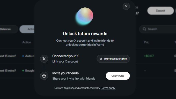 A dark-themed pop-up window titled "Unlock future rewards" prompts users to connect their X account and invite friends to World, showing a linked handle "@ambassador.grim" alongside a "Copy invite" button. This relates to the post's promotion of the World.xyz referral link, suggesting the user is encouraging others to claim rewards before potential congestion on the platform.