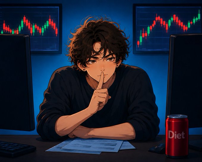 An anime-style young man with messy brown hair sits at a desk with two computer monitors displaying stock charts, holding his finger to his lips in a 'shush' gesture next to a red 'Diet' soda can.