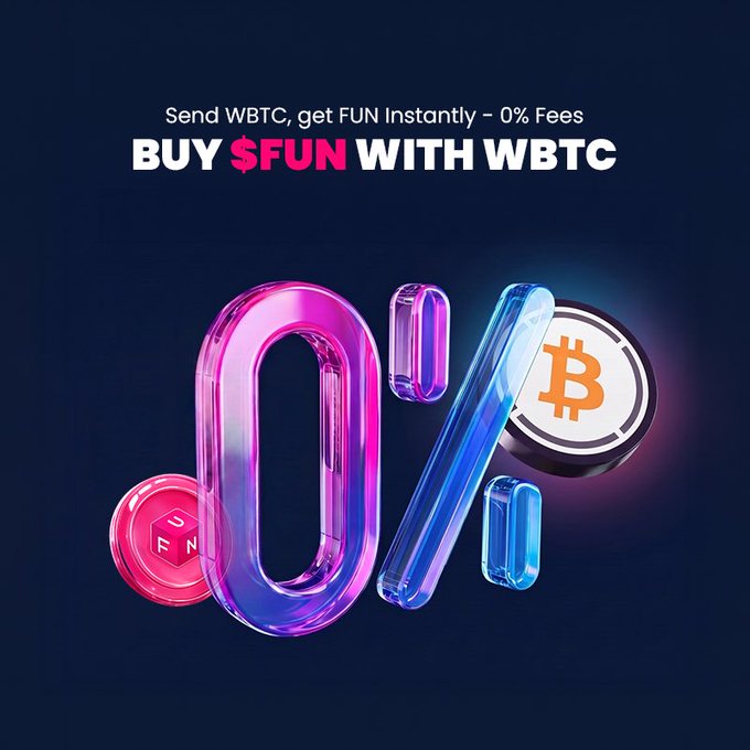 A promotional graphic for a crypto promotion: 'Send WBTC, get FUN Instantly – 0% Fees' and 'BUY $FUN WITH WBTC' featuring stylized 3D neon text.