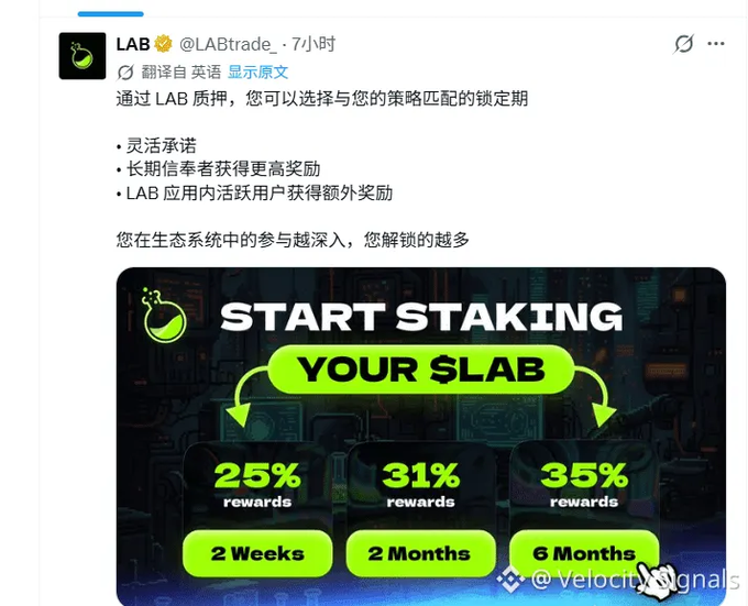 LAB (@LABtrade) Twitter post promoting $LAB staking with rewards of 25%, 31%, and 35% for 2 Weeks, 2 Months, and 6 Months lockups.