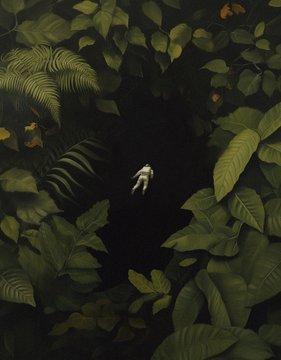 An illustration showing a tiny astronaut floating in a dark void surrounded by large, lush green tropical leaves.