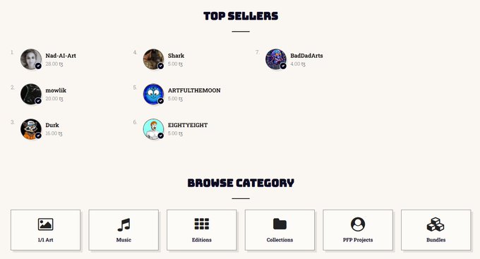 A webpage screenshot showing a 'TOP SELLERS' list featuring 'Nad Al-Art,' 'mowlik,' 'Durk,' 'Shark,' 'ARTFULTHEMOON,' 'EIGHTYEIGHT,' and 'BadDadArts,' with a 'BROWSE CATEGORY' section offering 1/1 Art, Music, Editions, Collections, FFF Projects, and Bundles.