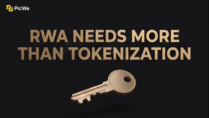 A dark promotional graphic with a 'PicWe' logo in the top-left corner. The main text reads 'RWA NEEDS MORE THAN TOKENIZATION' in gold lettering above an image of a gold key.