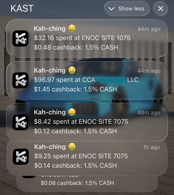 A notification panel from KAST displays a series of recent cashback rewards totaling approximately $2.25 from various purchases at ENOC sites and CCA, LLC, each earning 1.5% CASH. The caption "Today is a @KASTxyz type of day" highlights the app's frequent cashback notifications as the user racks up small rewards throughout the day.