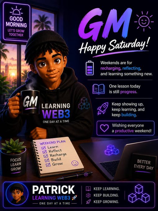 A 'GM Happy Saturday!' graphic for 'Patrick Learning Web3,' featuring a cartoon character with a coffee mug and a weekend checklist including Learn, Reflect, Recharge, Build, and Grow.