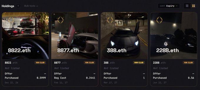 A digital dashboard titled 'Holdings' displaying four NFTs with ETH values: 8822.eth, 8877.eth, 388.eth, and 2288.eth, all showing 'Not listed' status.