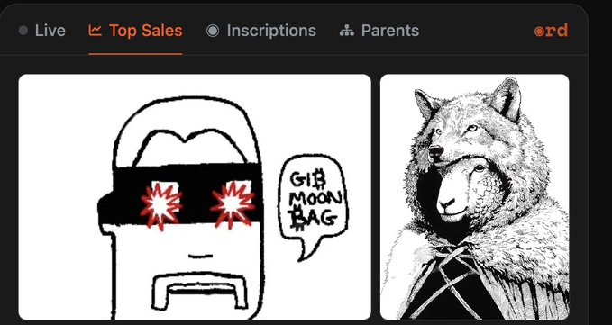 Two meme-style artworks are displayed on an Ordinals marketplace page under the "Top Sales" tab, featuring a pixelated character with red "red-eye" pupils saying "GIB MOON BAG" alongside a black-and-white drawing of a sheep in a wolf's hood, with the post celebrating a notable "Red Eye" NFT sale alongside the seller's own "Sheeple" piece.