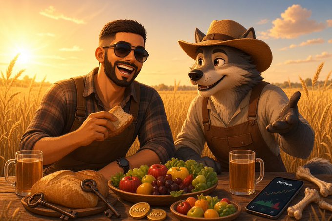 An illustrated scene shows a smiling man with a beard and sunglasses sitting beside an anthropomorphic wolf wearing a farmer's hat, both at a wooden table laden with bread, fruit, beer, keys, and bones in a wheat field at sunset.