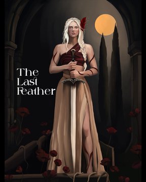 A fantasy book cover titled 'The Last Feather' depicting a blonde woman in a flowing dress holding a sword, standing in an arched corridor with red flowers and a full moon in the background.