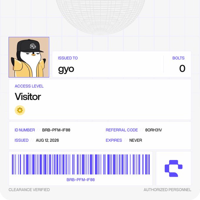 A digital ID badge issued to 'gyo' with visitor access level, ID number BRB-PFM-IF88, issued Aug 12, 2026, with 0 bolts.