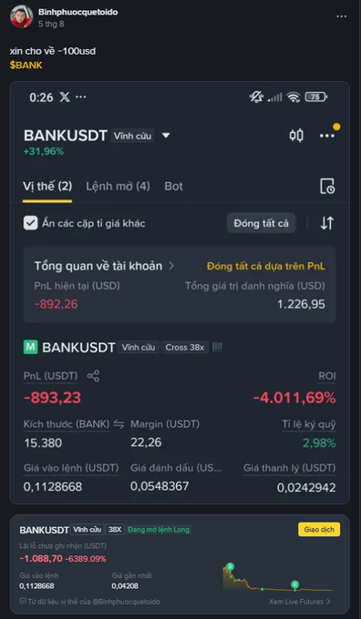 Binance trading app screenshot showing BANKUSDT perpetual contract with -31.96% price drop, $1,226.95 total assets, and a position showing -$893.23 PnL (-4,011.69% ROI).