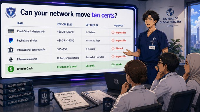 An anime-style illustration of a presentation titled 'Can your network move ten cents?' comparing various payment rails (Card, PayPal, Bank Transfer, Ethereum, Bitcoin Cash) with Bitcoin Cash marked as 'Works', presented by a character in a 'Journal of Global Surgery One' branded scrub top.
