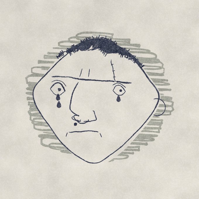 A simple sketch of a sad face with stitched features, tears falling from the eyes, and dark hair against a scribbled gray background.