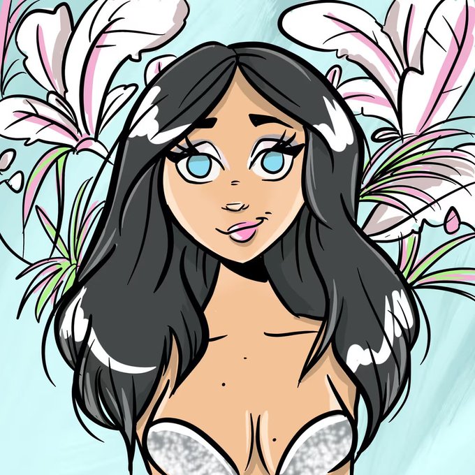 Stylized digital portrait illustration of a woman with long black hair, bright blue eyes, and a playful expression, set against a light blue background decorated with pink and white floral elements.