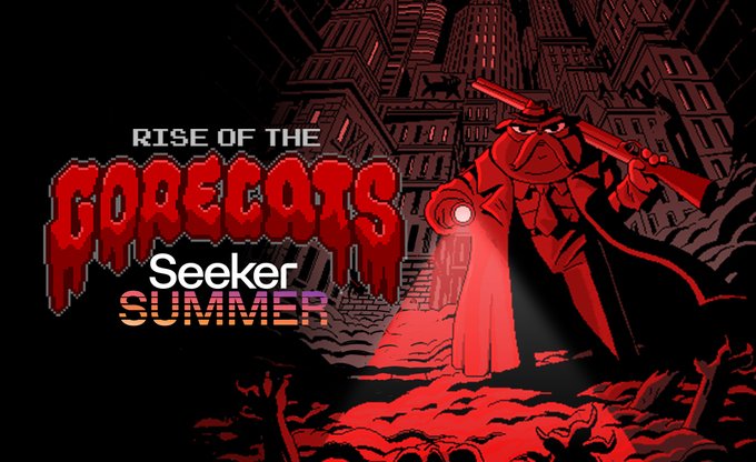 Promotional artwork for "Rise of the Gorecats: Seeker Summer" featuring a menacing red-coated Gorecat wielding guns against a dark cityscape backdrop. The dramatic, blood-red illustration aligns with the post's announcement of the game's launch on Solana Mobile and its urgent call to survive the invasion to wave 15.