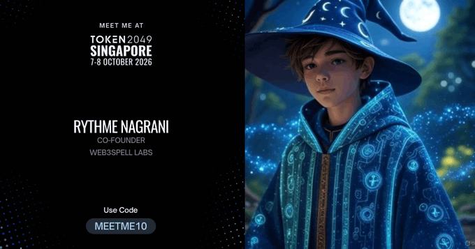 A promotional banner for 'TOKEN2049 SINGAPORE 7-8 OCTOBER 2026' featuring speaker 'RYTHME NAGRANI, CO-FOUNDER, WEB3SPELL LABS' with a use code 'MEETME10', alongside an illustration of a young wizard in a blue robe under a full moon.