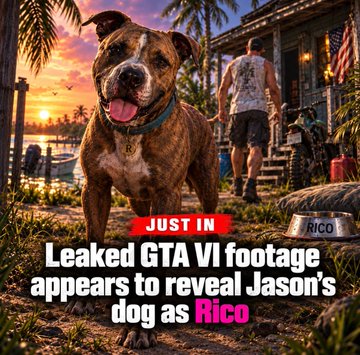 A brindle pit bull stands prominently in a tropical GTA VI-style setting at sunset, with a dog bowl labeled "Rico" visible nearby. The image features overlay text reading "JUST IN: Leaked GTA VI footage appears to reveal Jason's dog as RICO," which aligns with the post announcing the meme coin $RICO's hype tied to the game's anticipated release.