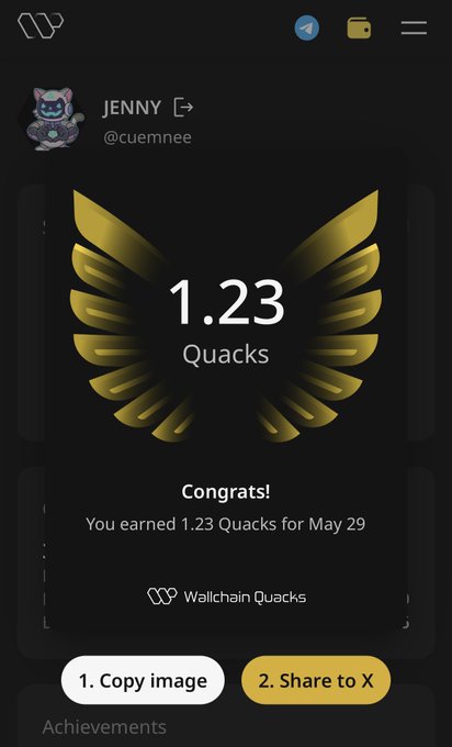 The image shows a phone screen displaying an achievement badge for Quacks, with a gold bird design and the number 1.23 printed out. The text "Hôm nay vào kiểm thấy được cộng thêm" is also present on the screen. The post mentions that Quacks has been awarded 1.23 Quacks for May 29, and it encourages users to share their achievements with others by clicking on the "share link" button in the bottom right corner of the image.