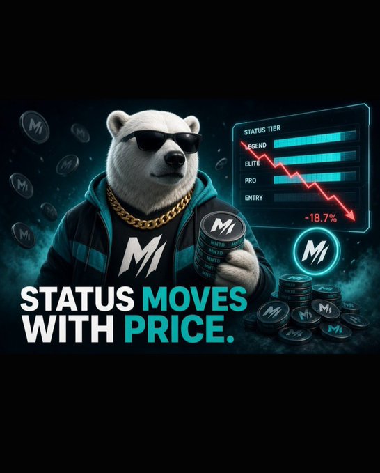 A digital graphic of a white bear wearing sunglasses and a gold chain, holding coins, with a status tier chart showing a downward trend and '-18.7%' and the text 'STATUS MOVES WITH PRICE.'