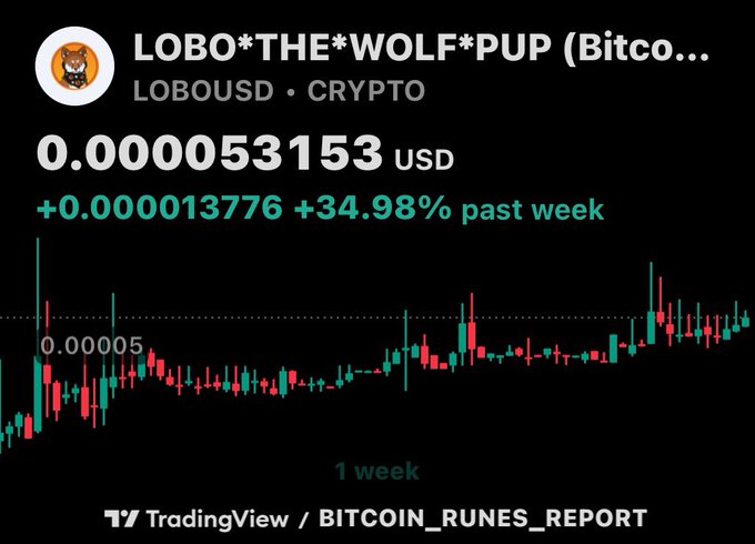 A TradingView chart shows the cryptocurrency 'LOBO*THE*WOLF*PUP' (LOBOUSD) priced at 0.000053153 USD, up 34.98% over the past week.