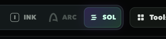 A close-up of a digital interface showing cryptocurrency ticker buttons, with 'SOL' highlighted in a purple gradient box alongside 'INK', 'ARC', and a partially visible 'Tools' option.