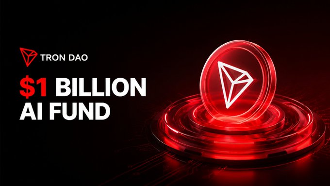 The image features a glowing red TRON DAO coin alongside the text "$1 BILLION AI FUND," visually highlighting TRON's major investment in AI—though the post itself focuses on TRON's post-quantum signature upgrade on the Nile Testnet for blockchain security, suggesting the $1B AI Fund is the broader initiative supporting such technological advancements.