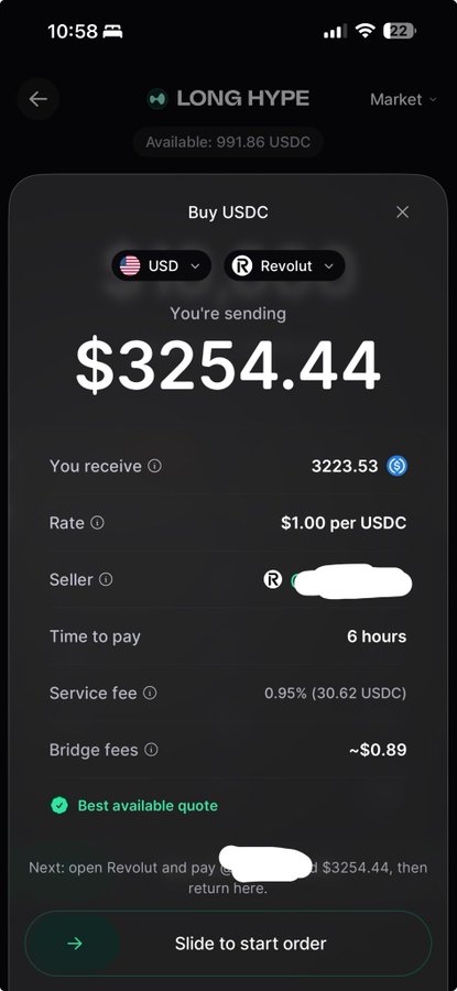 A screenshot of a cryptocurrency exchange app called 'LONG HYPE' showing a 'Buy USDC' transaction for $3254.44 from Revolut, with a rate of $1.00 per USDC, a 0.95% service fee, and instructions to open Revolut and pay.