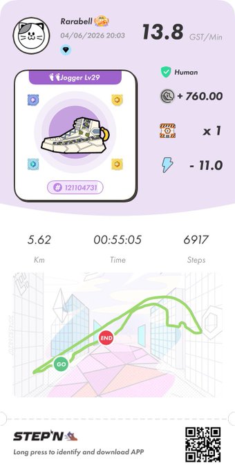 The image shows a purple screen with a white background displaying information about a step counter app, including details such as the number of steps taken, calories burned, and distance traveled. The app also provides an option for a long press to identify and download the app.